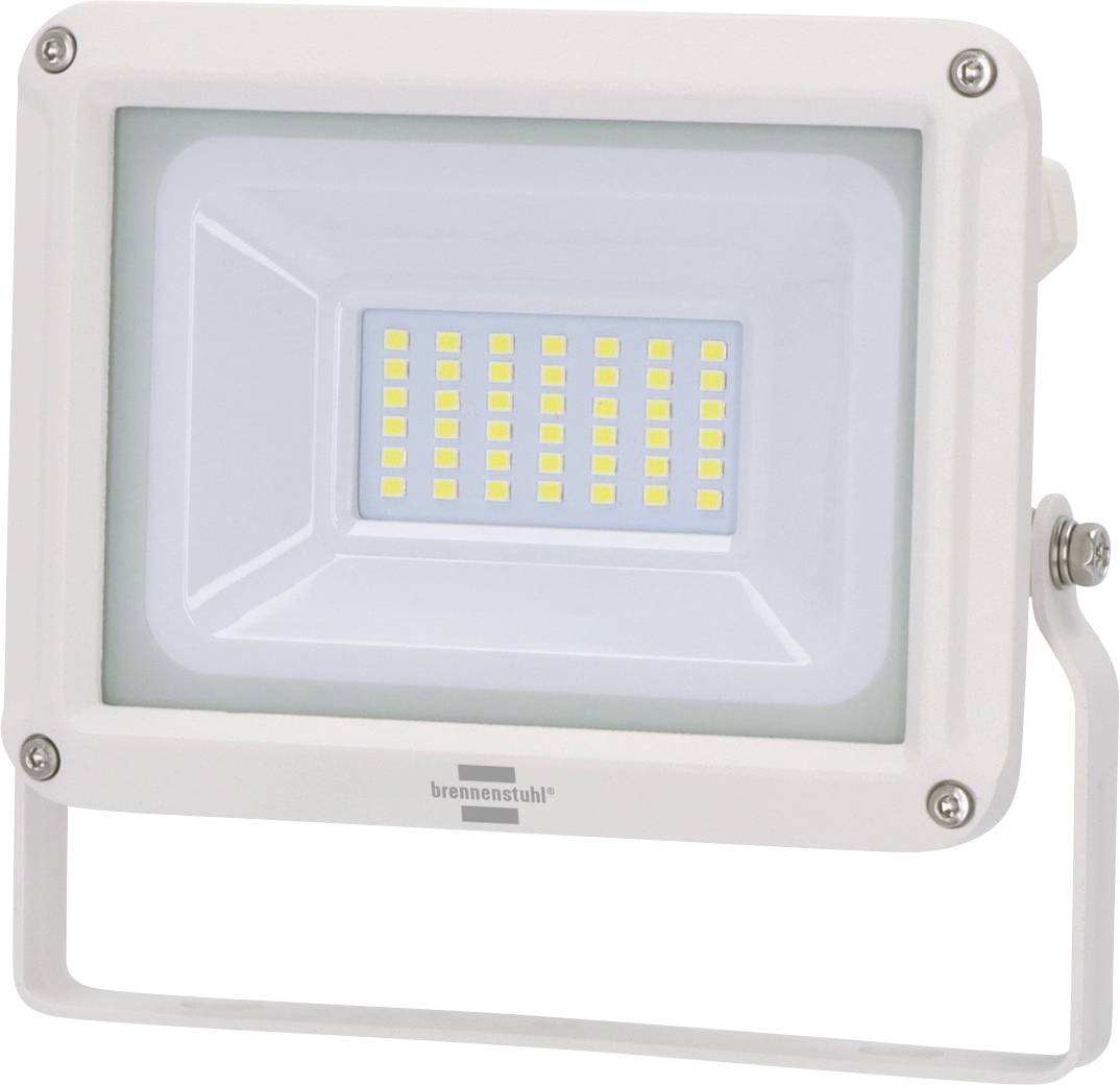 Projecteur LED blanc avec une face rectangulaire et un support réglable, présenté de face sur un fond blanc.