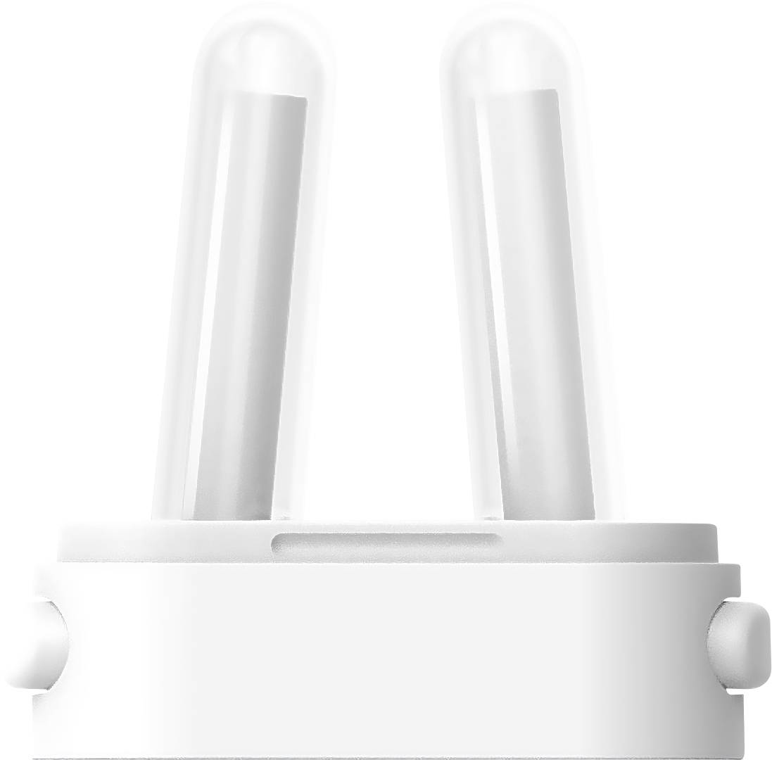 Une image en gros plan d'un petit interrupteur en plastique blanc avec deux boutons cylindriques surélevés.