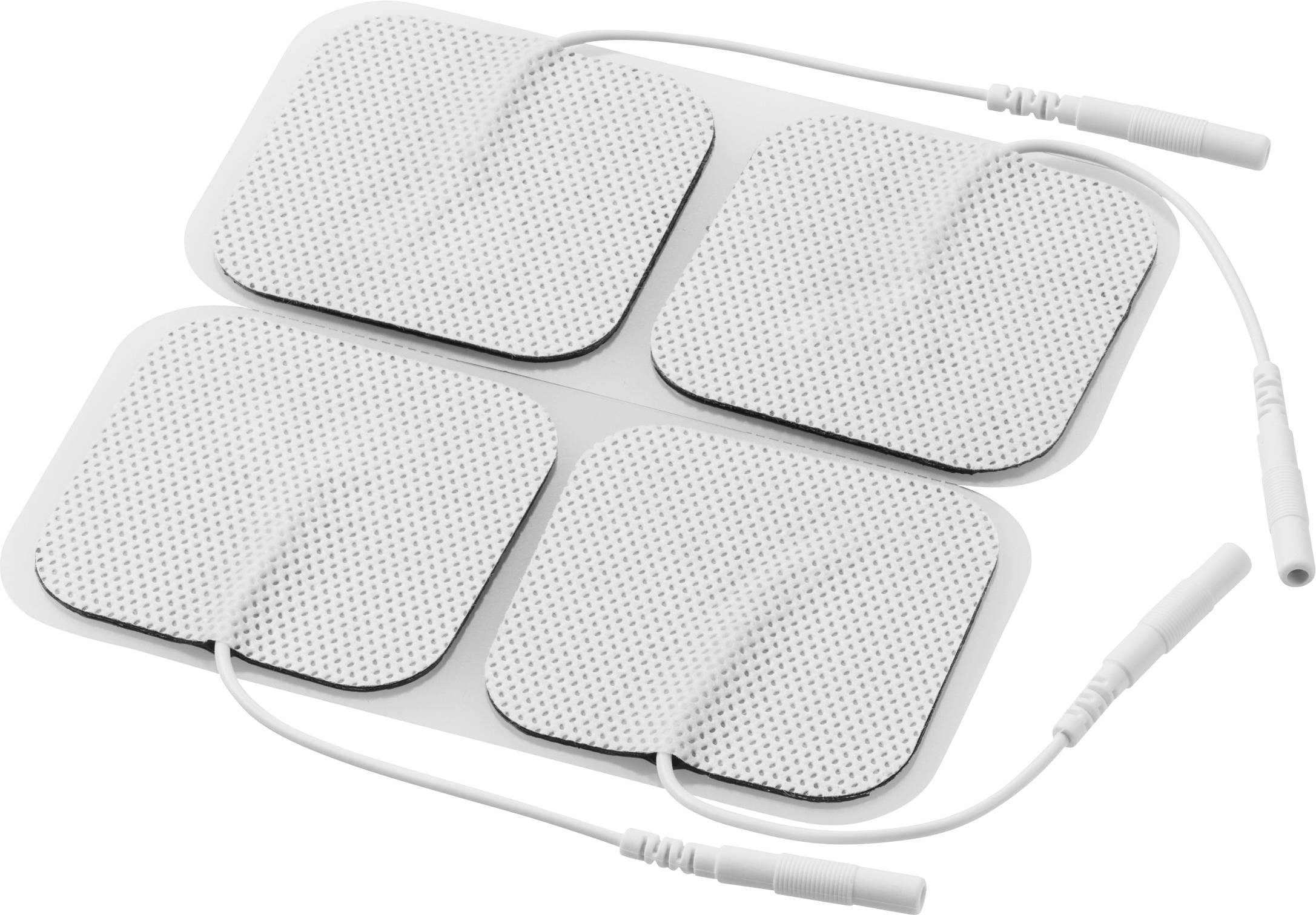 Quatre carrés de patchs d'électrodes adhésifs reliés par des fils, utilisés pour la stimulation musculaire électrique ou la physiothérapie.