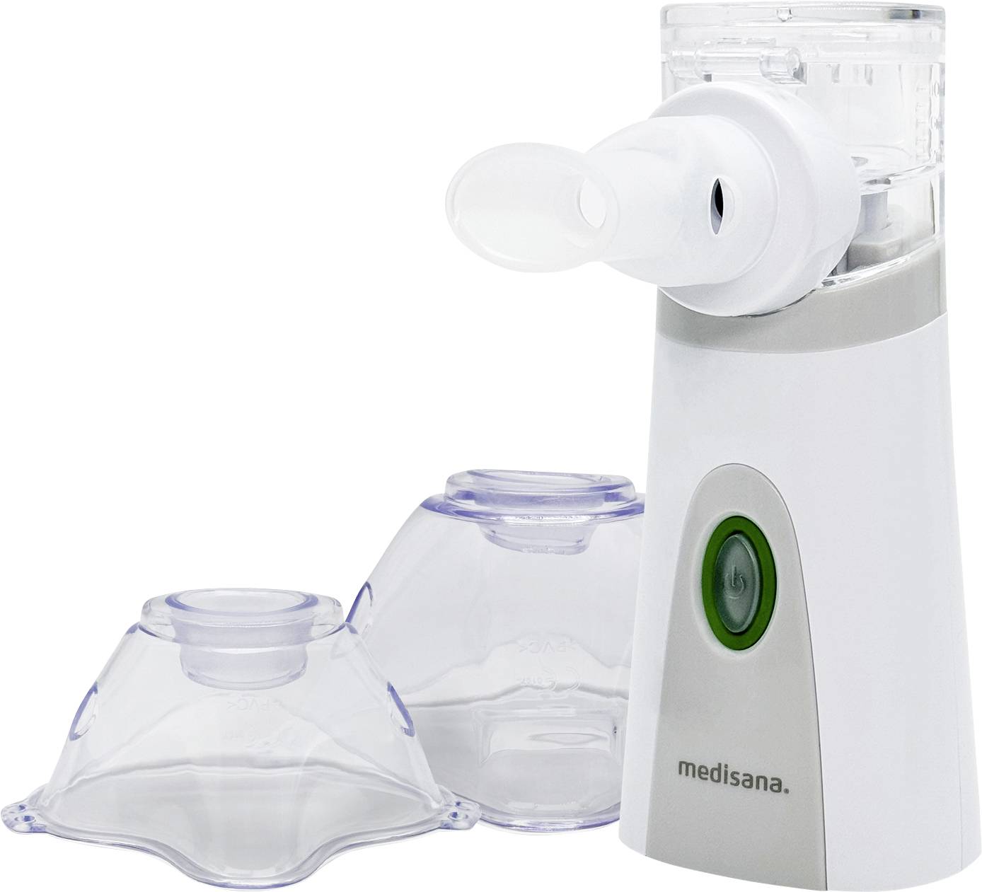 Un nébuliseur portatif blanc avec embout buccal et deux masques interchangeables est posé sur une surface blanche, conçu pour les traitements respiratoires.