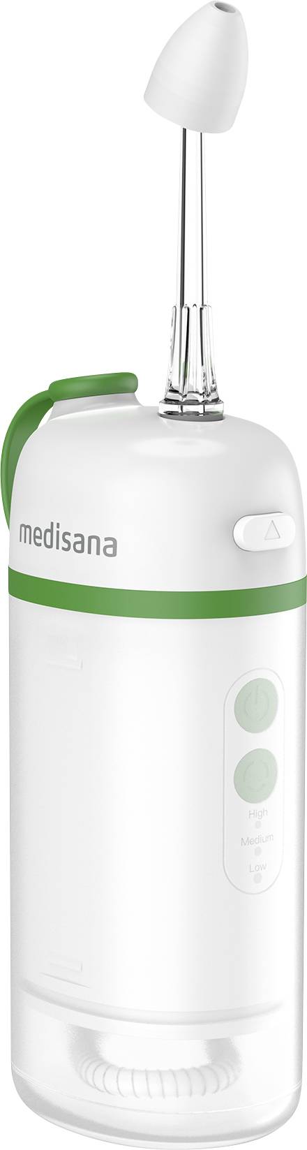 Irrigateur buccal portable au design blanc et vert, doté d'un réservoir d'eau cylindrique, d'une buse amovible et de boutons de contrôle sur le côté.