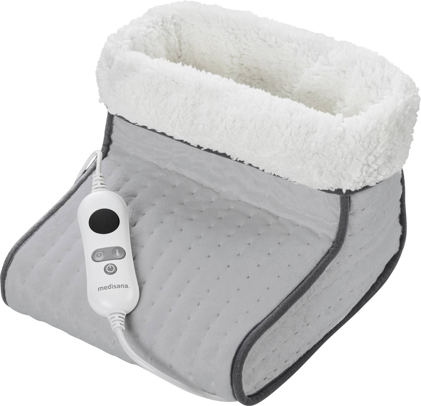Chauffe-pieds électrique gris doublé de peluche blanche avec télécommande amovible pour l'ajustement de la température, conçu pour le confort et la chaleur.