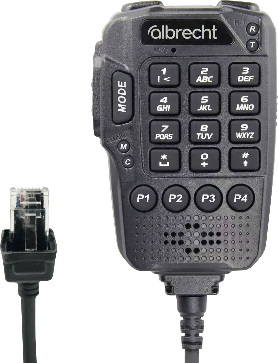 Un microphone portatif noir avec de nombreux boutons, notamment des chiffres et des lettres, et un câble enroulé se terminant par un connecteur.