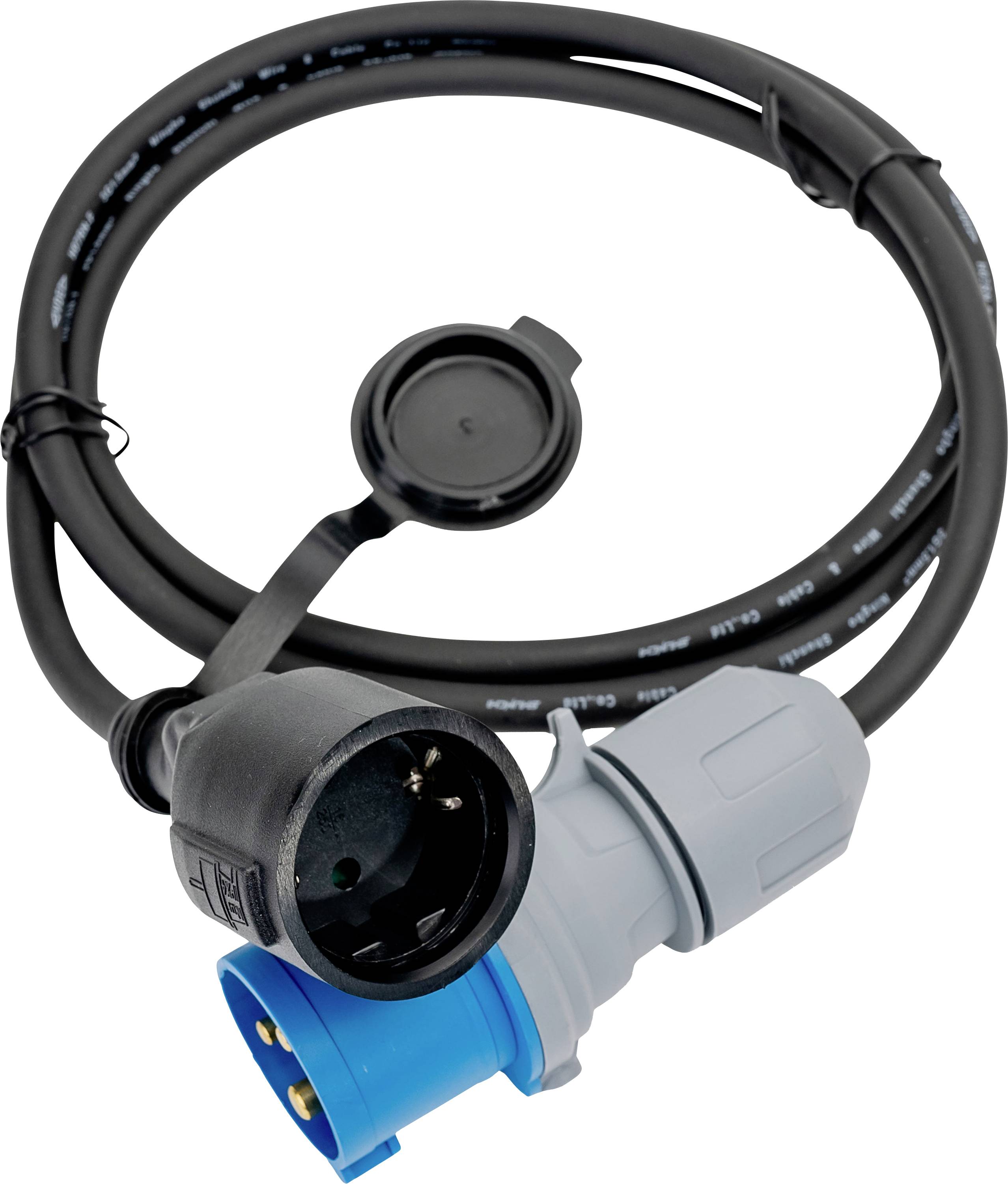 Adaptateur électrique pour camping-car avec une fiche bleue et une prise grise sur un câble noir enroulé, utilisé pour convertir entre différents connecteurs électriques.