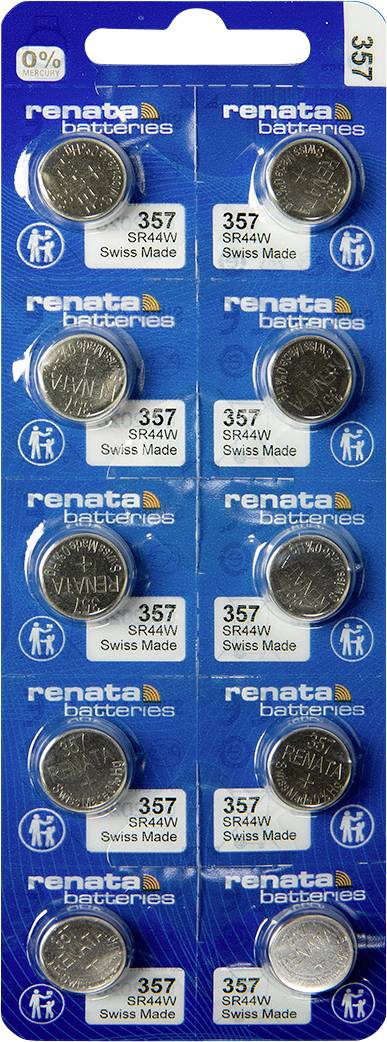 Lot de 10 piles Renata 357 à oxyde d'argent, fabriquées en Suisse, disposées en deux colonnes, emballage bleu avec la marque Renata et les spécifications des piles.