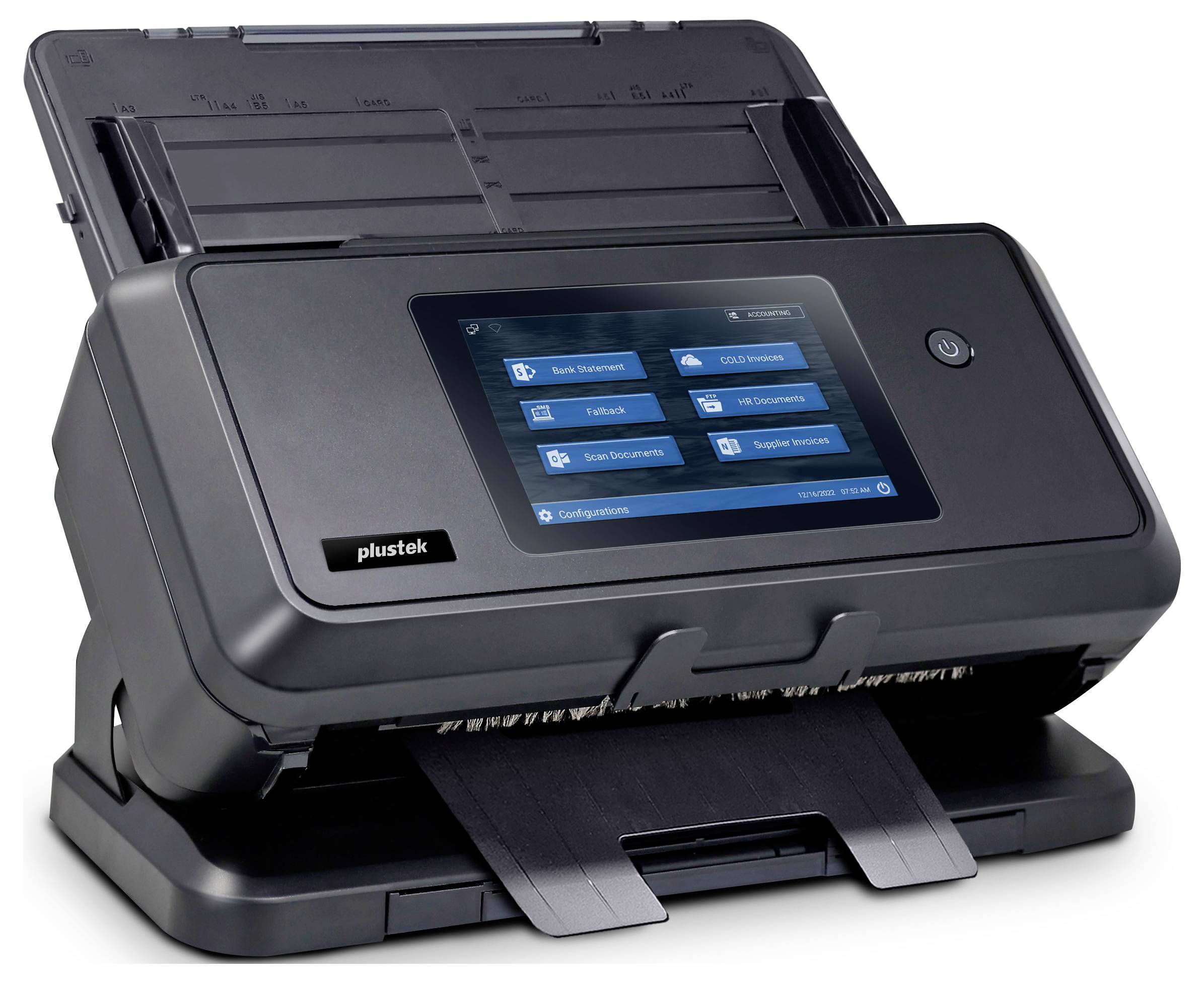 A Plustek scanner with a touchscreen display showing options like 'Scan to Network', 'Scan to USB', and 'Scan to Email' on a panel.