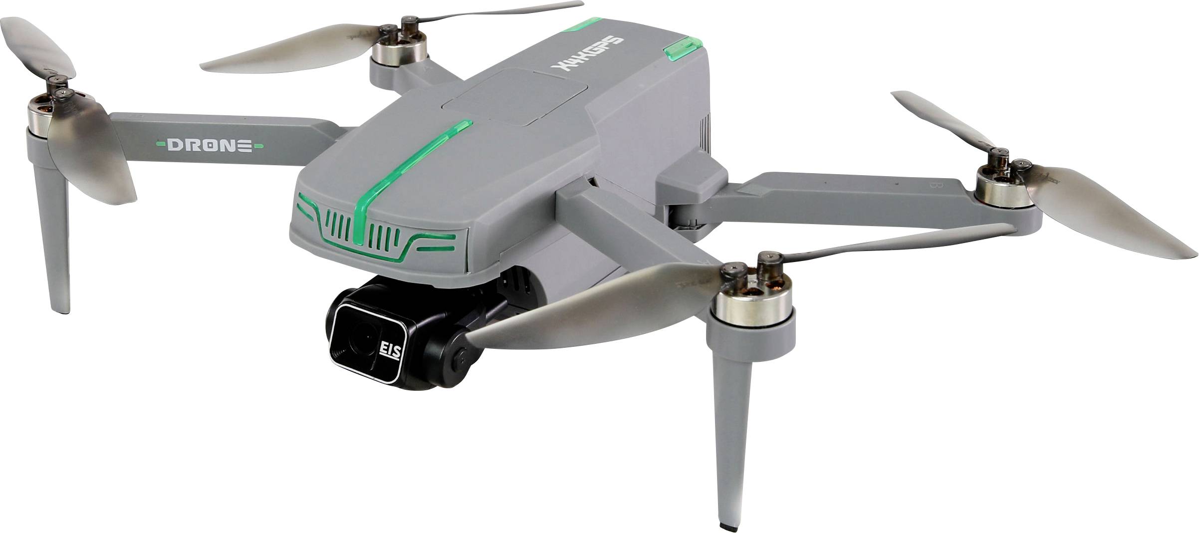 Un drone quadcoptère gris avec quatre hélices, équipé d'une caméra montée sous son fuselage, conçu pour la photographie aérienne.