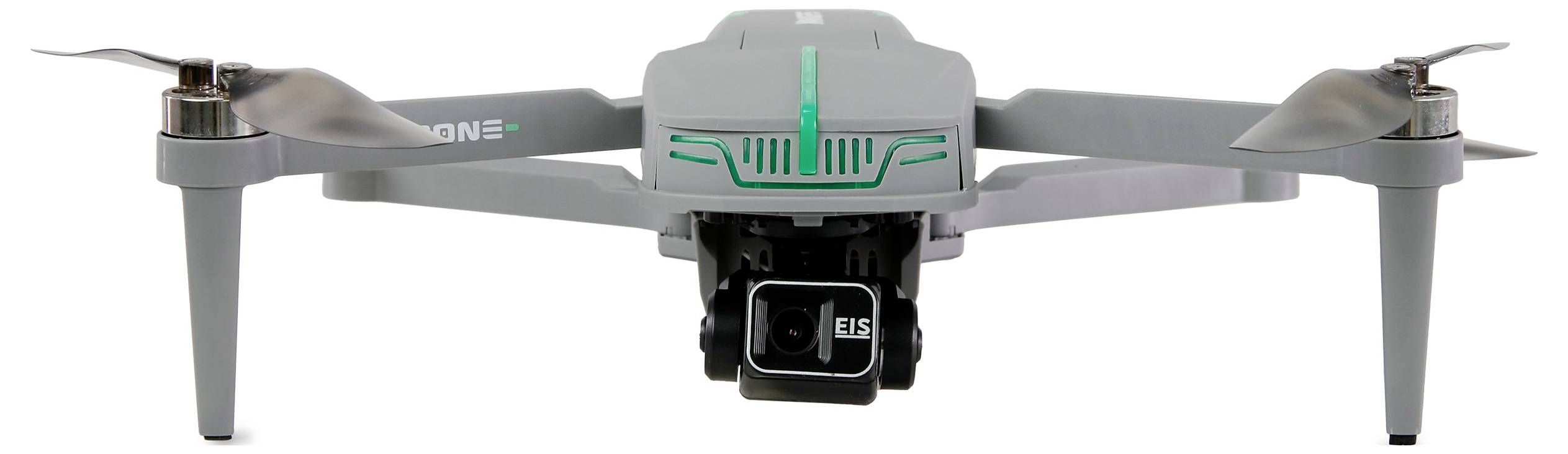 A grey quadcopter drone with a camera (marked 'EIS') attached to its underside, viewed from the front against a plain background.