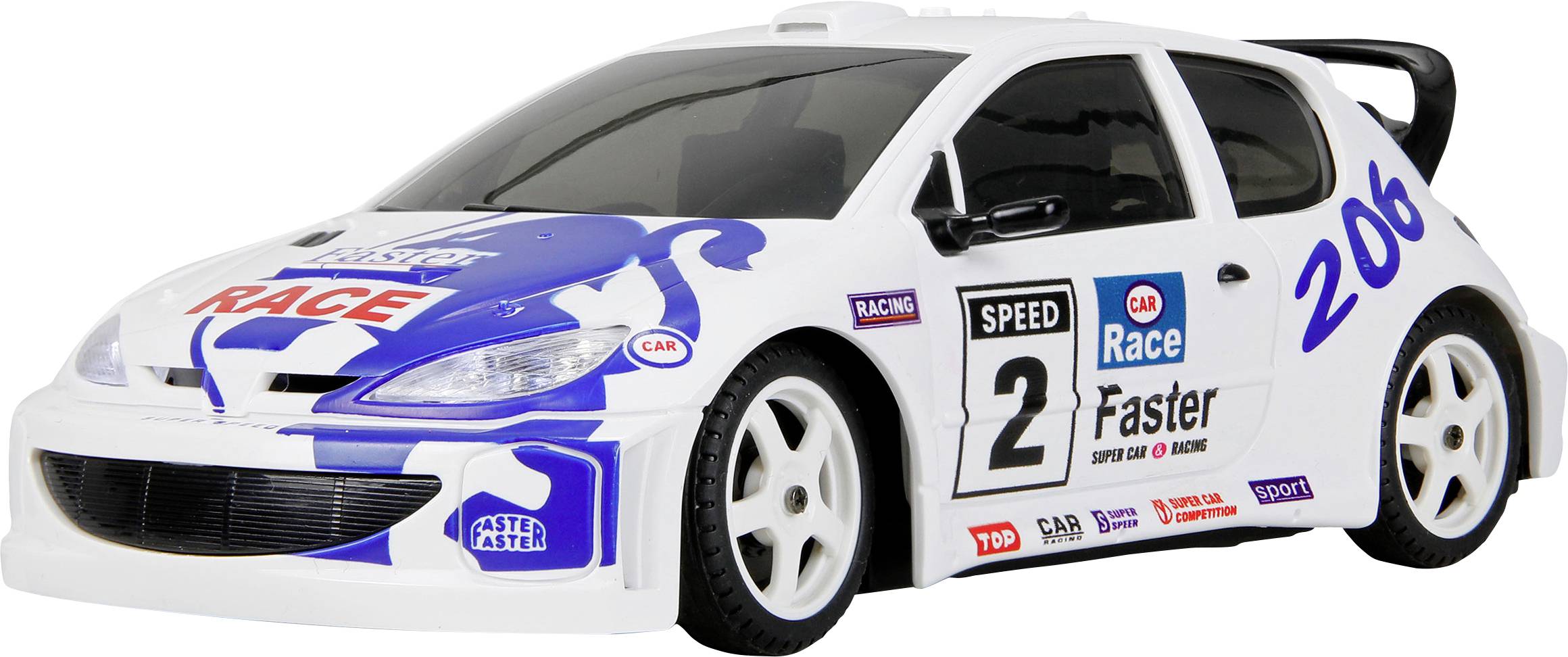 Une voiture de course jouet blanche et bleue avec le numéro « 206 » et des logos de sponsors, présentant un design profilé et des autocollants sportifs, vue de côté.