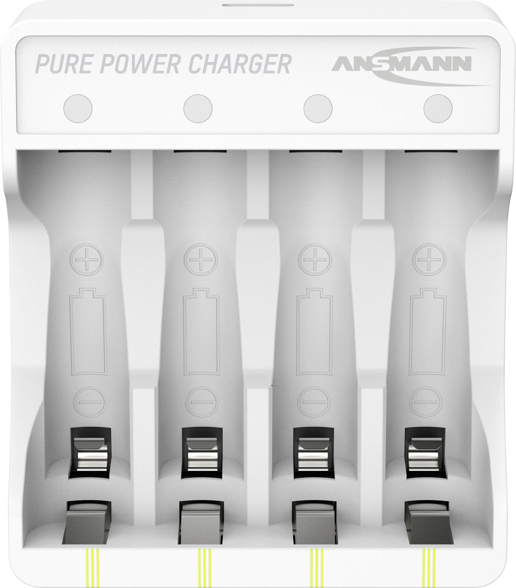 Chargeur de batteries avec quatre emplacements pour batteries AA ou AAA, étiqueté « Pure Power Charger » par Ansmann.