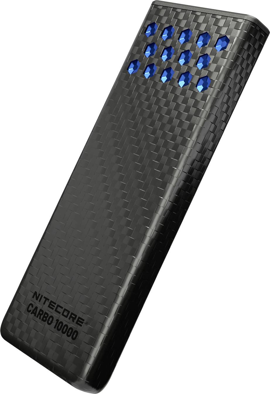 Un élégant bloc d'alimentation noir brillant avec un motif en fibre de carbone, portant l'étiquette « Nitecore Carbo 10000 », doté de voyants indicateurs bleus sur le dessus.