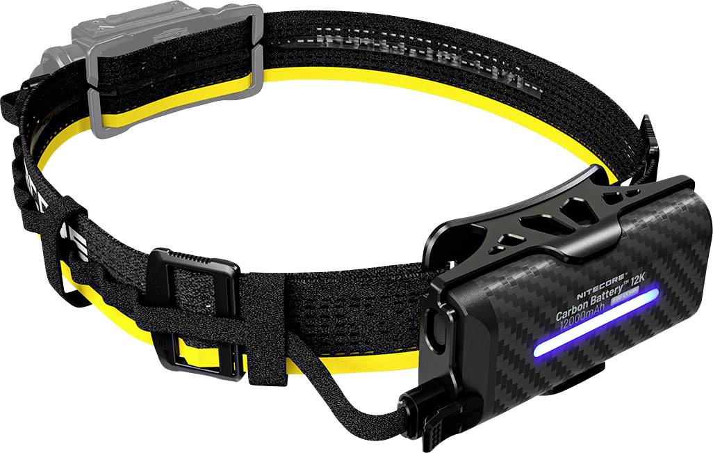 Un bandeau de tête ajustable noir et jaune avec une lampe frontale compacte attachée, affichant une étiquette « Carbon Battery » et un voyant lumineux bleu.