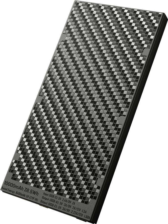 Une batterie externe portable avec un design à carreaux et une capacité de 10000mAh, offrant des sorties compatibles avec plusieurs appareils.