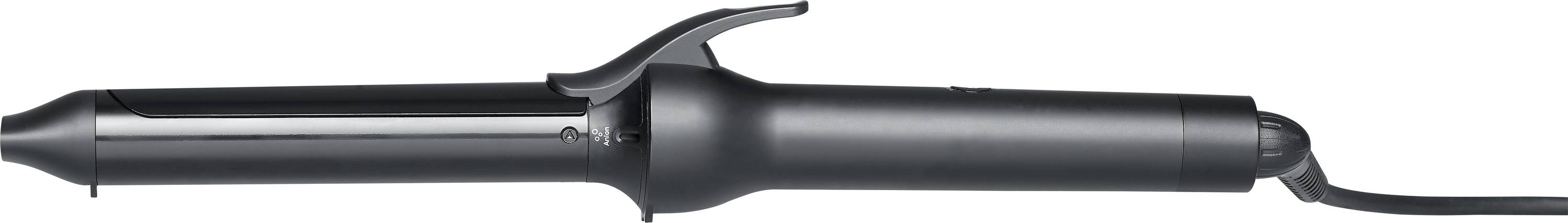 Un fer à boucler noir avec une pince et un cordon enroulé, conçu pour coiffer les cheveux.