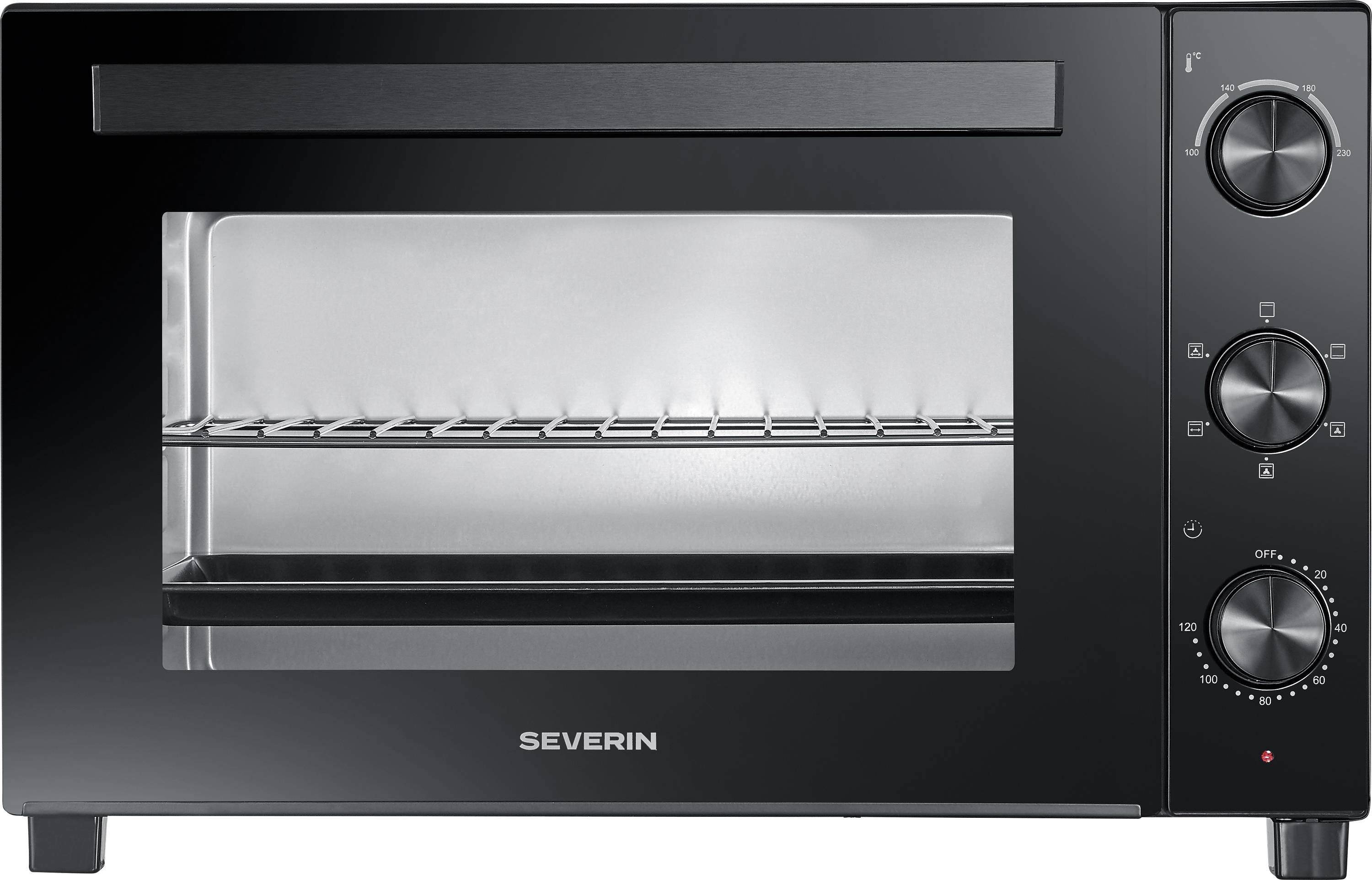 Four grille-pain avec plan de travail noir, porte avant transparente, grille métallique à l'intérieur, et boutons de contrôle sur le côté droit pour la température et les paramètres.