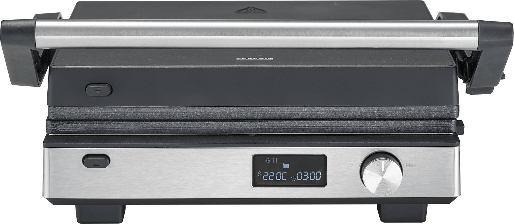 Un grill électrique argenté et noir avec un écran numérique affichant « 220C » et « 0300 ». Le grill est fermé et possède un design élégant et moderne.