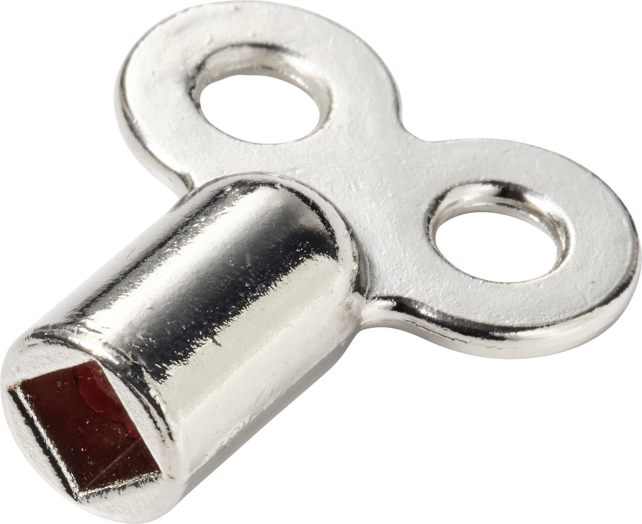 Clé de remontage en métal avec deux trous pour les doigts, présentée sur un fond blanc.