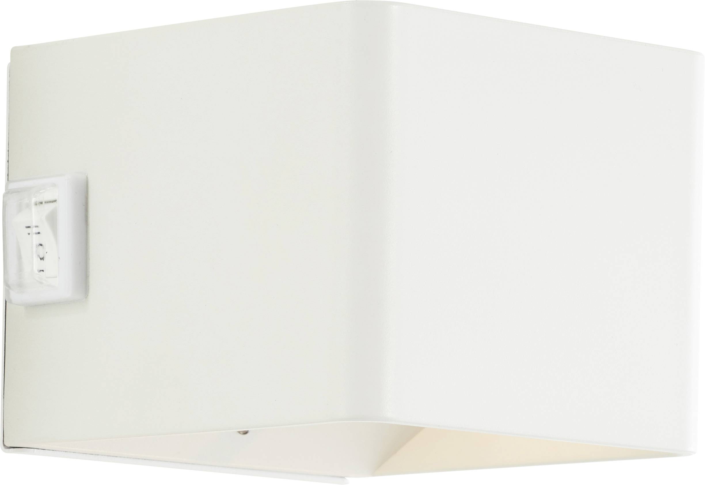 Une lampe murale blanche, en forme de cube, avec un interrupteur sur le côté, conçue pour l'éclairage intérieur.