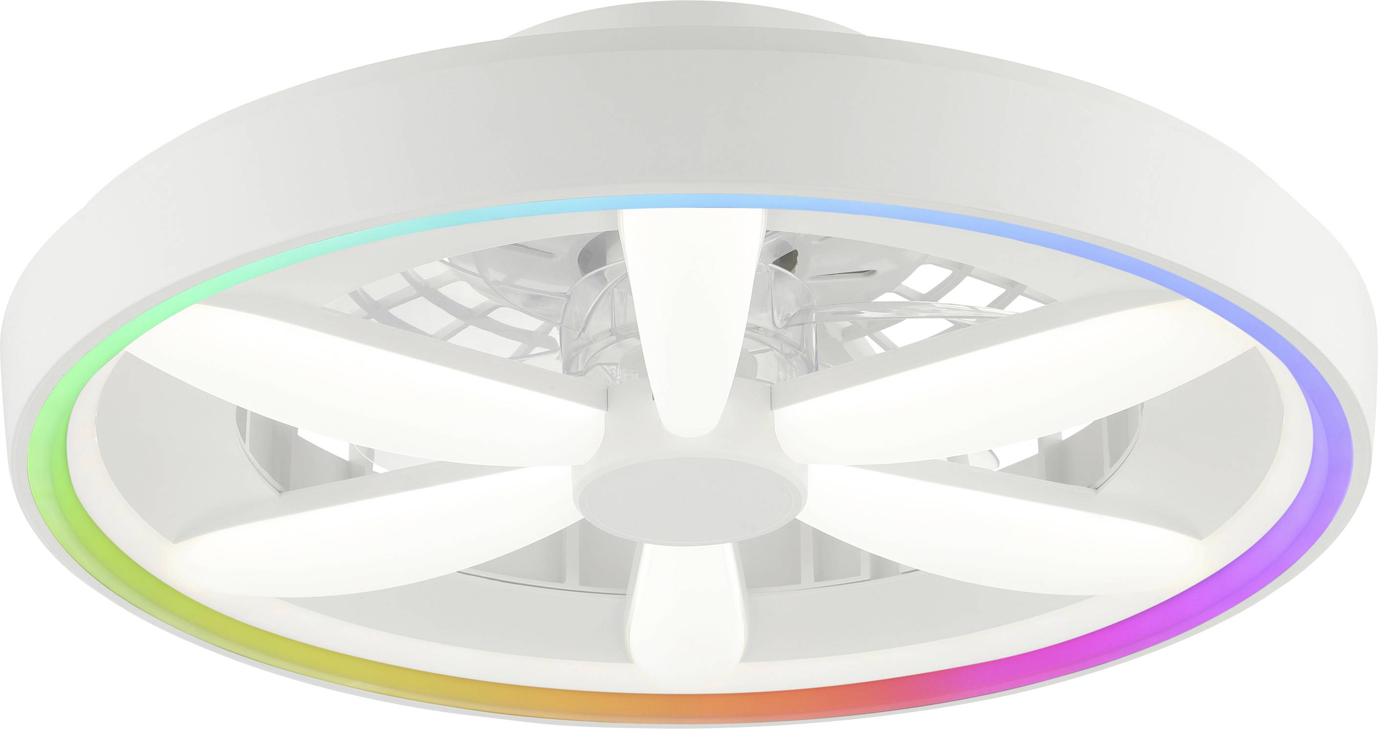 Ventilateur de plafond avec cinq pales blanches, enfermé dans un appareil rond équipé d'une bande lumineuse dégradée passant du vert au rouge.