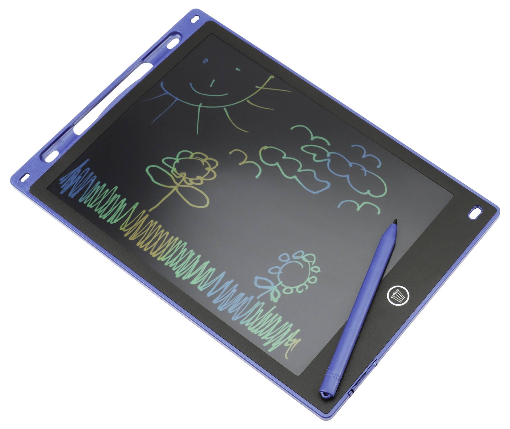 Une tablette d'écriture LCD bleue affiche des croquis colorés d'un soleil souriant, de fleurs et de nuages. Un stylet repose sur la tablette.