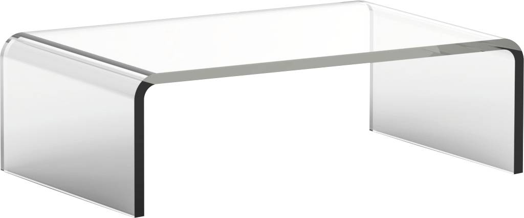 Une table basse rectangulaire avec plateau en verre transparent et coins arrondis, dotée de pieds transparents.
