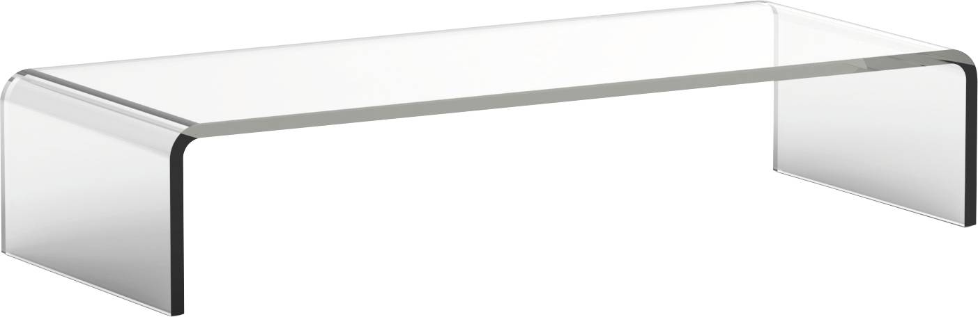 Une table basse en verre transparent et épuré avec des bords arrondis et un design minimaliste sur un fond blanc.