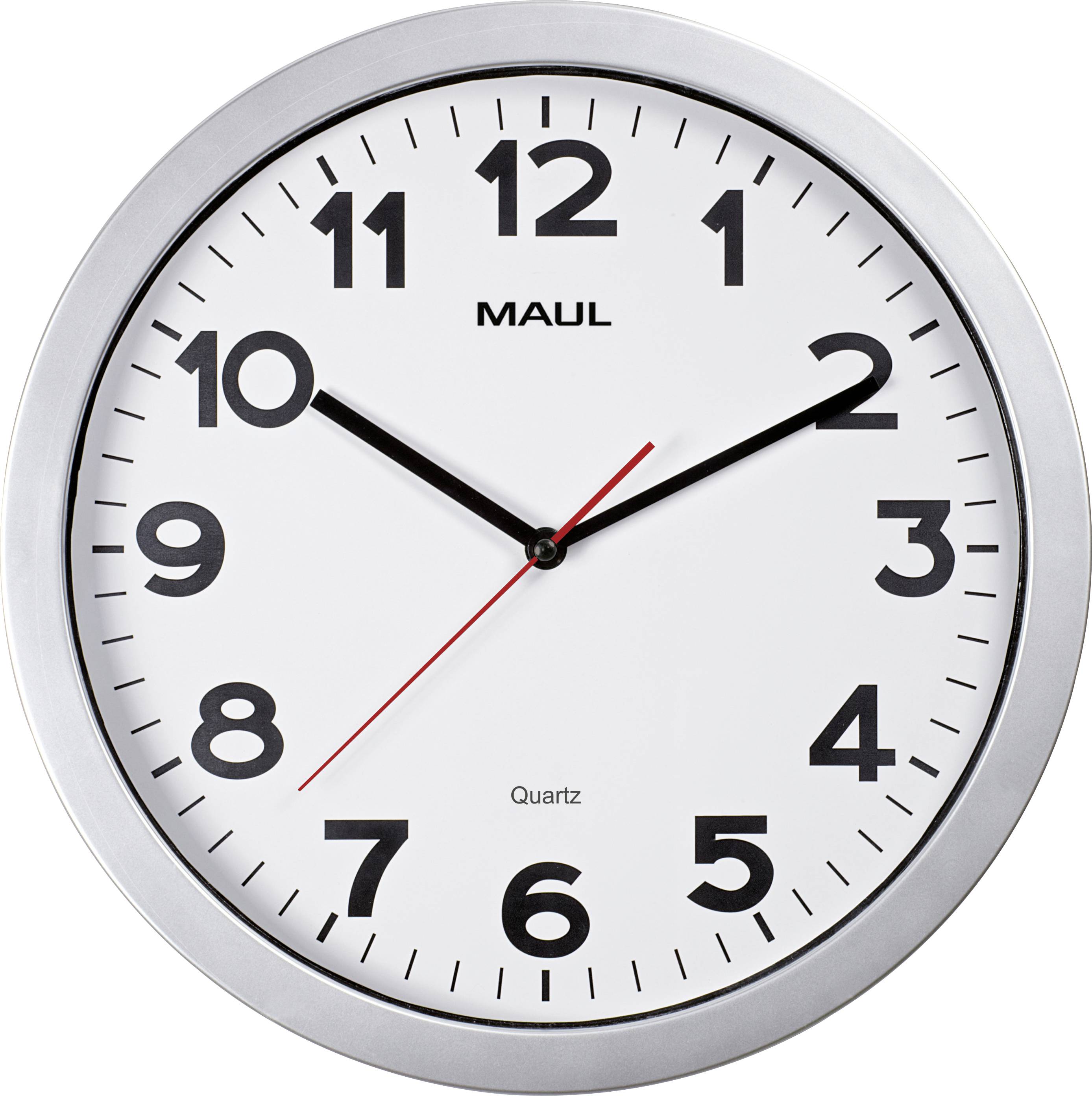Une horloge murale ronde affichant l'heure à 10h09, avec des aiguilles des heures et des minutes noires, une aiguille des secondes rouge, et des chiffres noirs en gras.