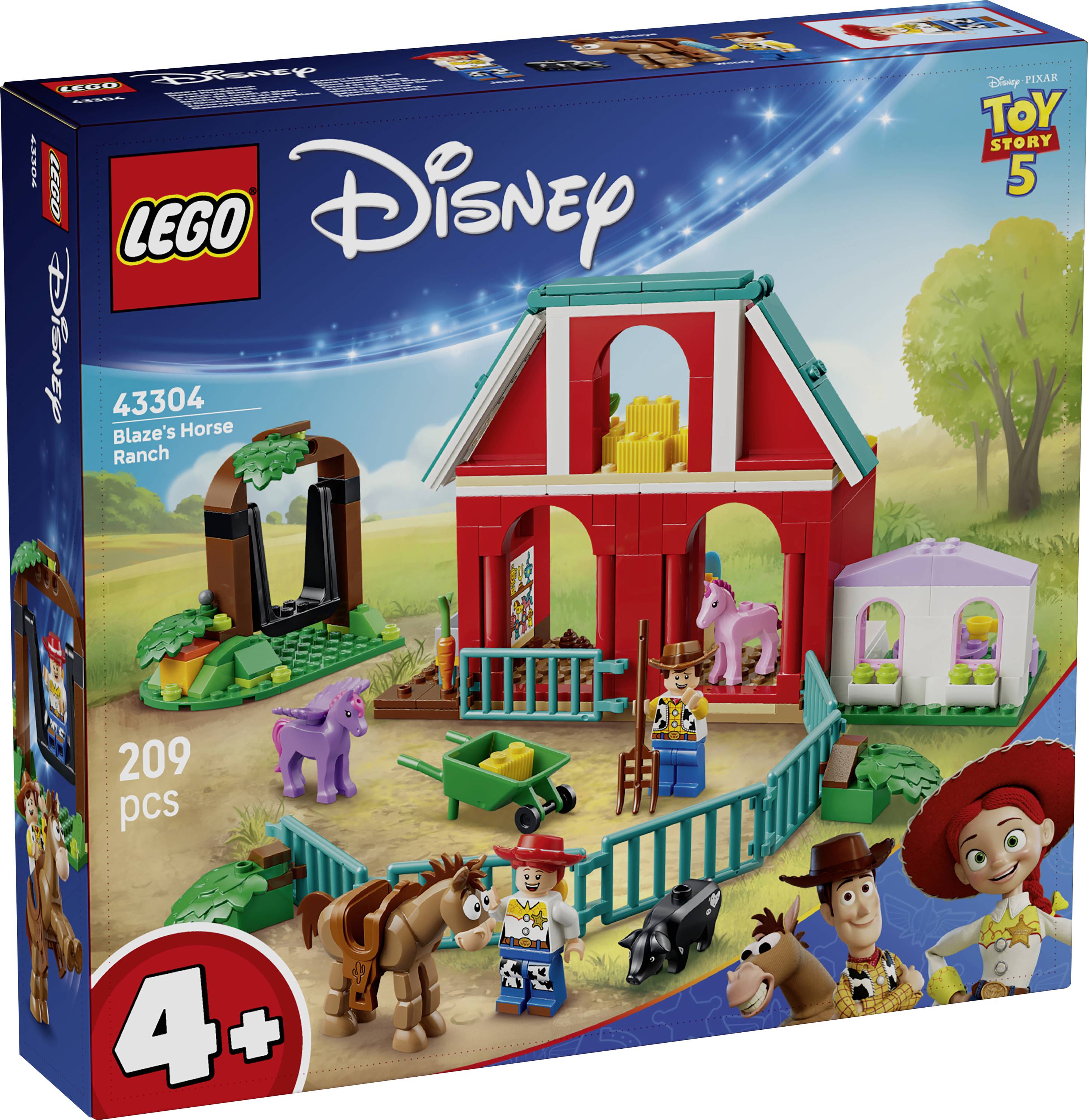 Ensemble LEGO Disney Toy Story 5 La Ferme de Chevaux de Blaze sur la boîte montrant une grange rouge, des figurines de chevaux, Woody, Jessie, et 209 pièces pour les âges 4+