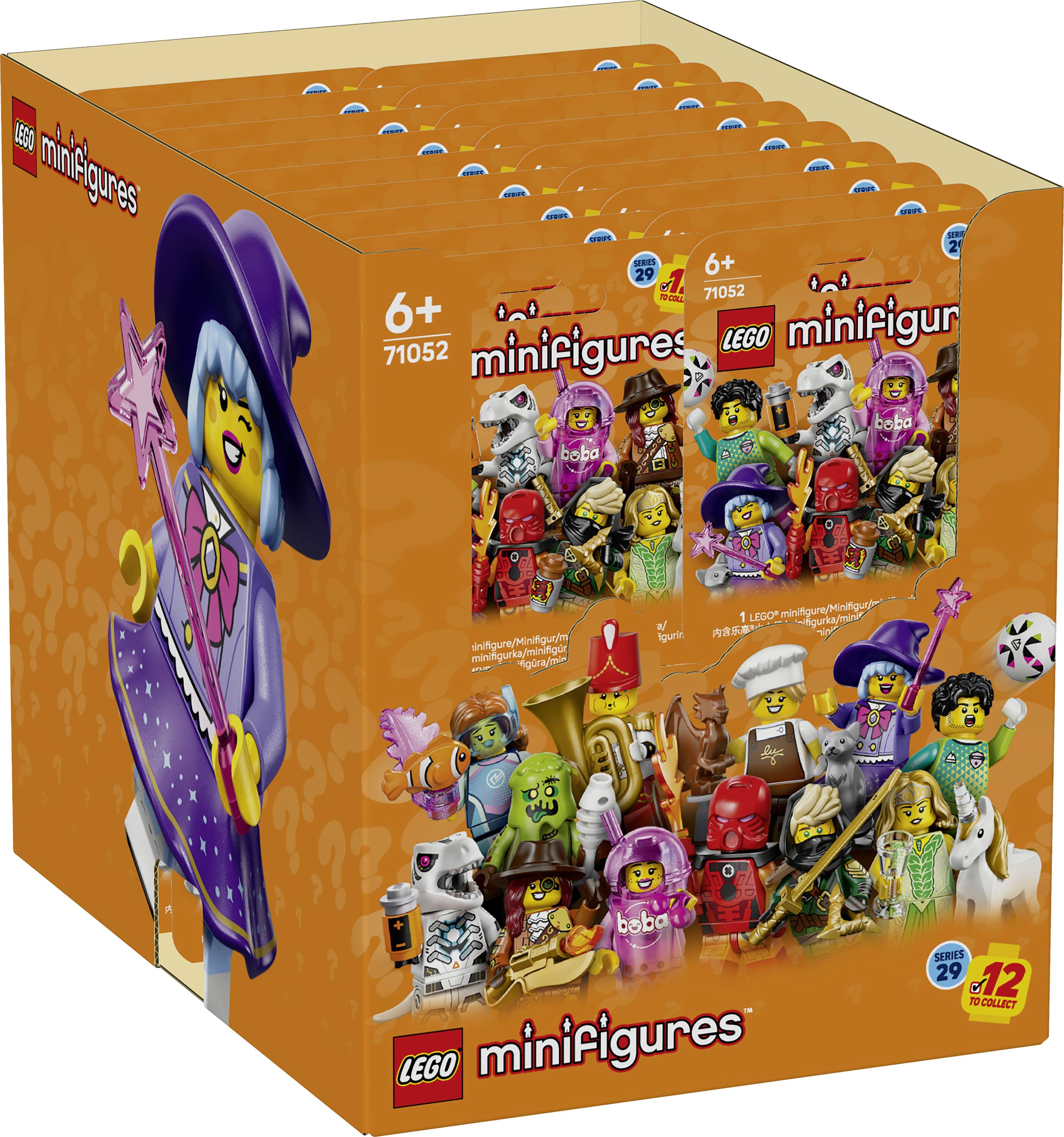 Coffret d'exposition LEGO Minifigures Série 29 en boîtes mystère orange, présentant 12 figurines à collectionner et numéro de série 71052 pour enfants à partir de 6 ans