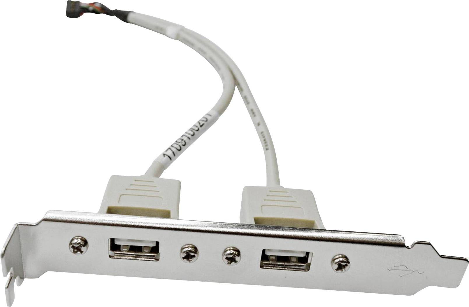 Un support métallique avec deux ports USB et des câbles attachés, probablement utilisé pour connecter des périphériques USB supplémentaires à un ordinateur en interne.