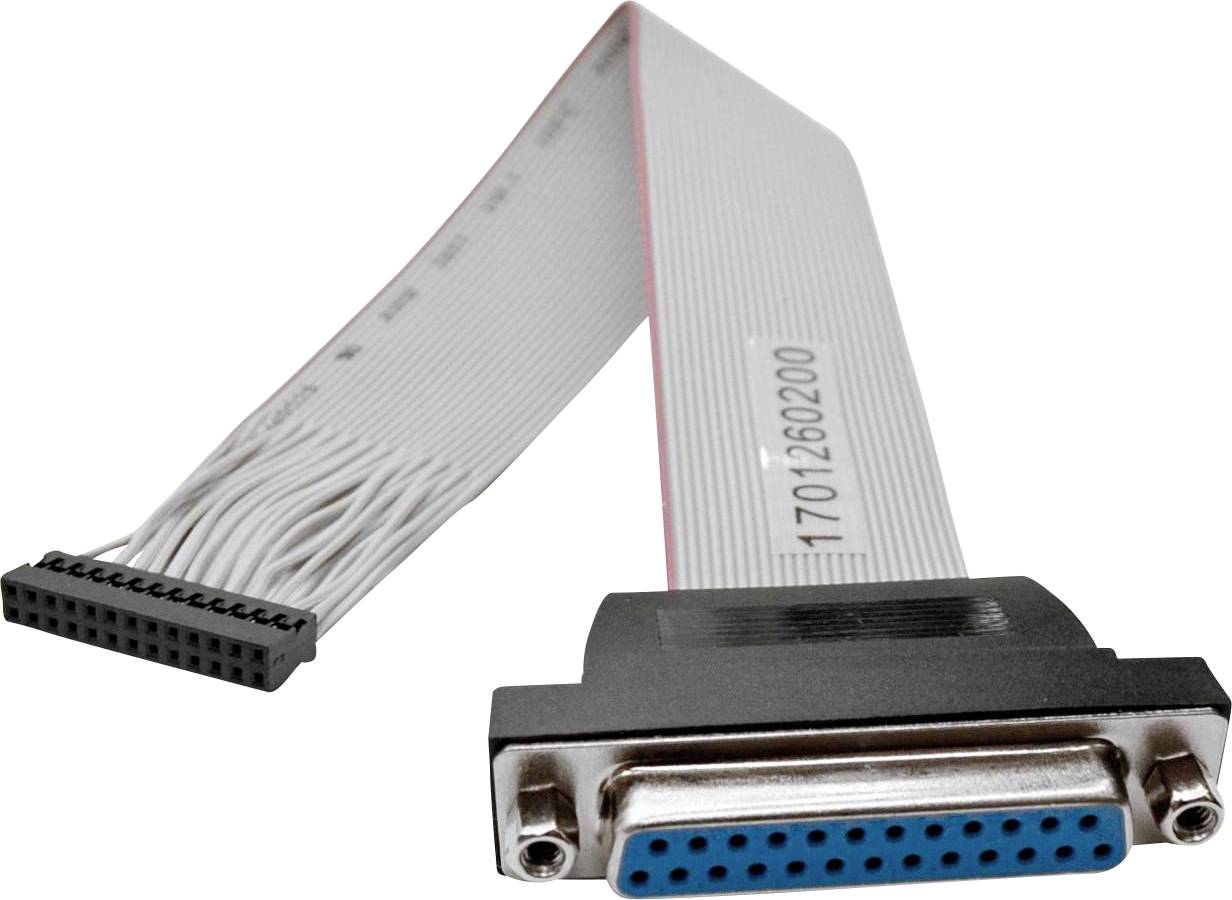 Un câble ruban gris avec un connecteur bleu 25 broches à une extrémité et un connecteur noir 20 broches à l'autre extrémité, utilisé pour le transfert de données électroniques.