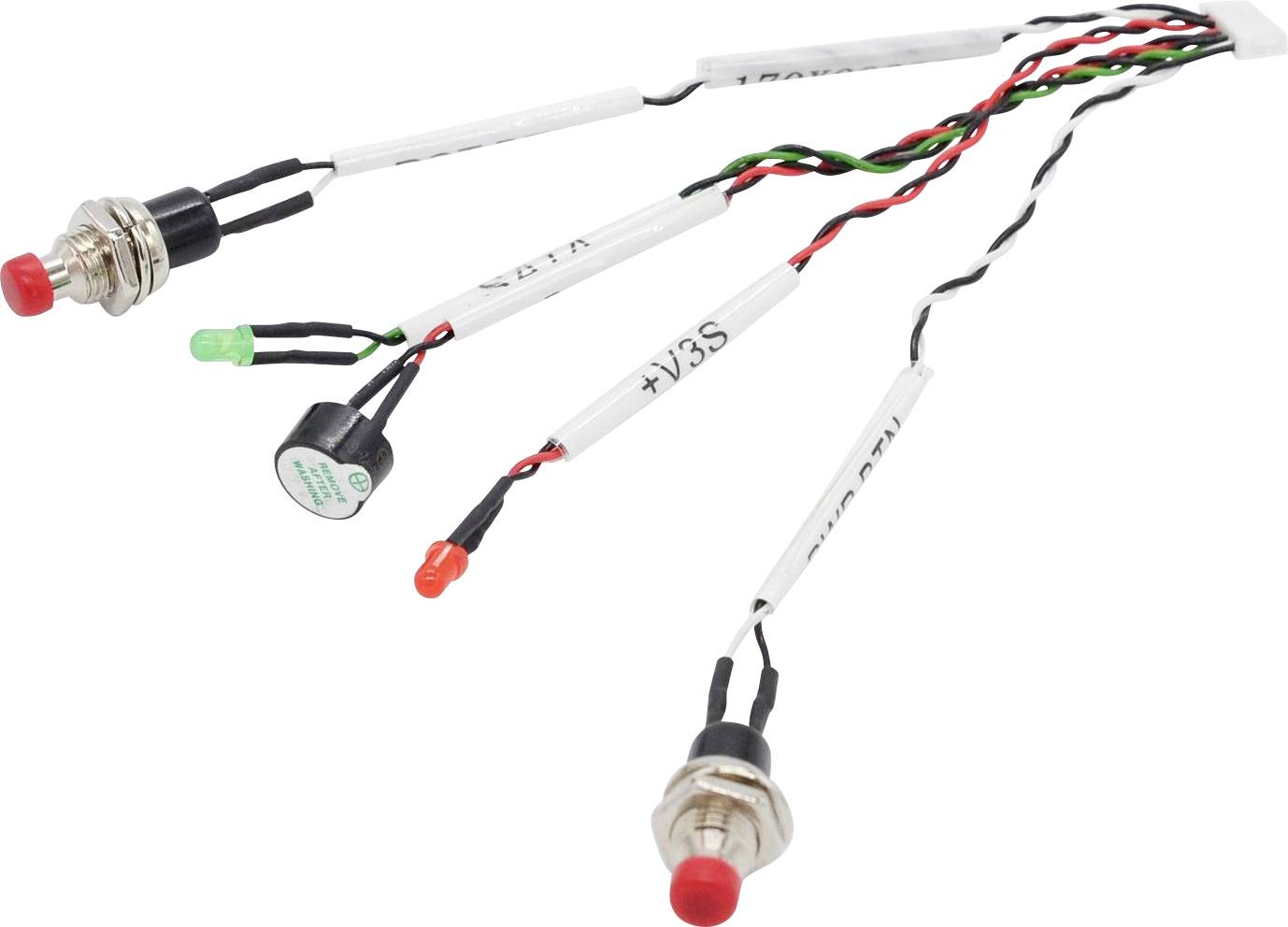 « Un ensemble de connecteurs de panneau de commande avec des indicateurs LED rouges et verts, un petit buzzer piézo, et un câblage étiqueté pour appareils électroniques. »