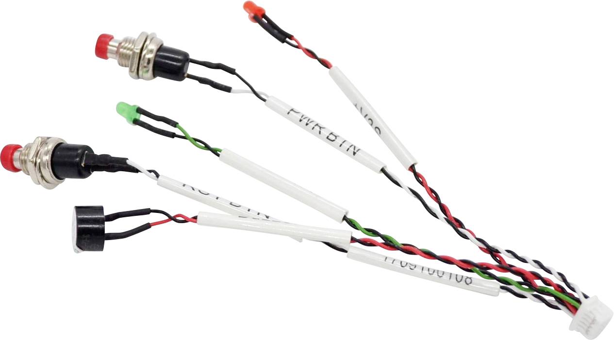 Plusieurs connecteurs électriques avec des fils de couleur et des sections étiquetées, probablement partie d'un assemblage électronique destiné aux interrupteurs ou aux boutons.