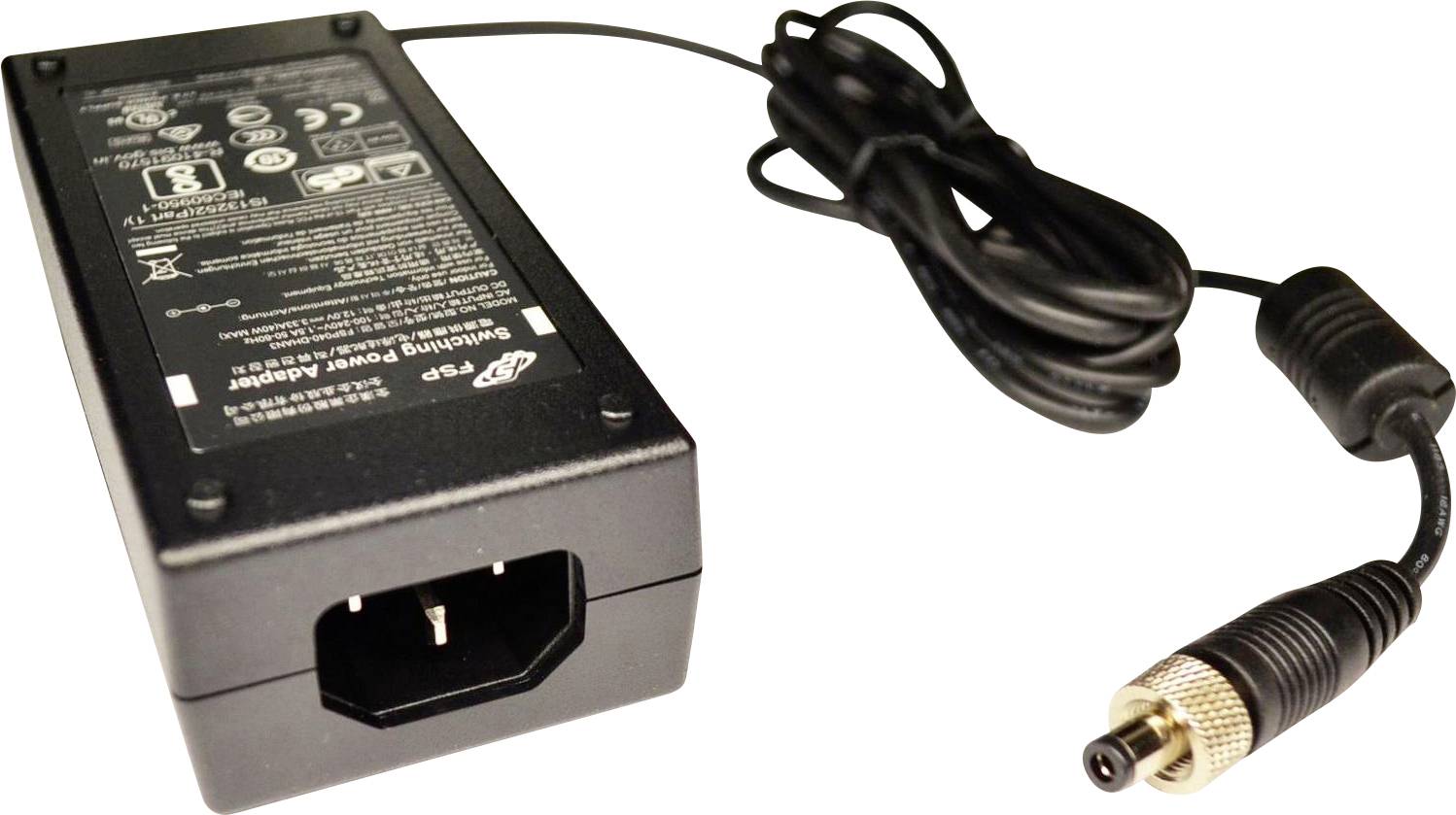 Un adaptateur secteur noir avec câble et prise intégrés.