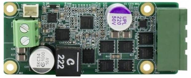 A small electronic circuit board with various components, including capacitors and connectors, often used in electronic devices or prototypes.