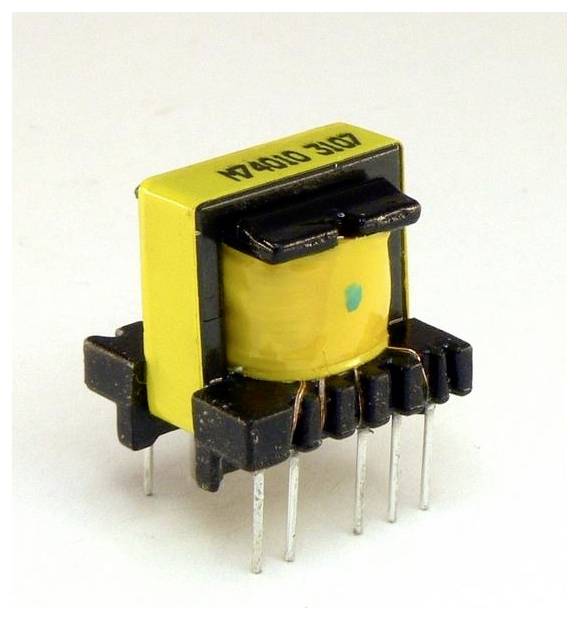 Yellow and black electrical transformer component with metal pins, labeled N2410 J67.
