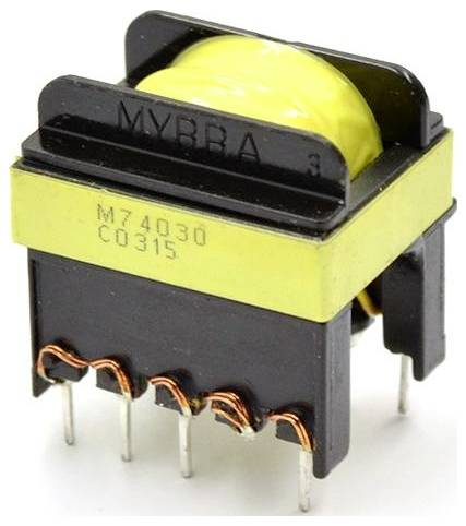 A small electronic transformer with six metal pins. The transformer is marked with 'MYRRA' and 'M74030 C0315' on its casing.