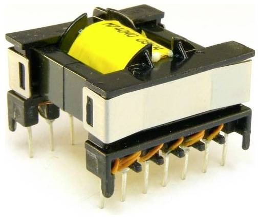 A small electronic transformer with multiple pins and a yellow core, used for energy conversion in electrical circuits.
