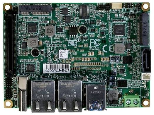 A circuit board with various electronic components, including ports and chips, used in computing devices for processing tasks.