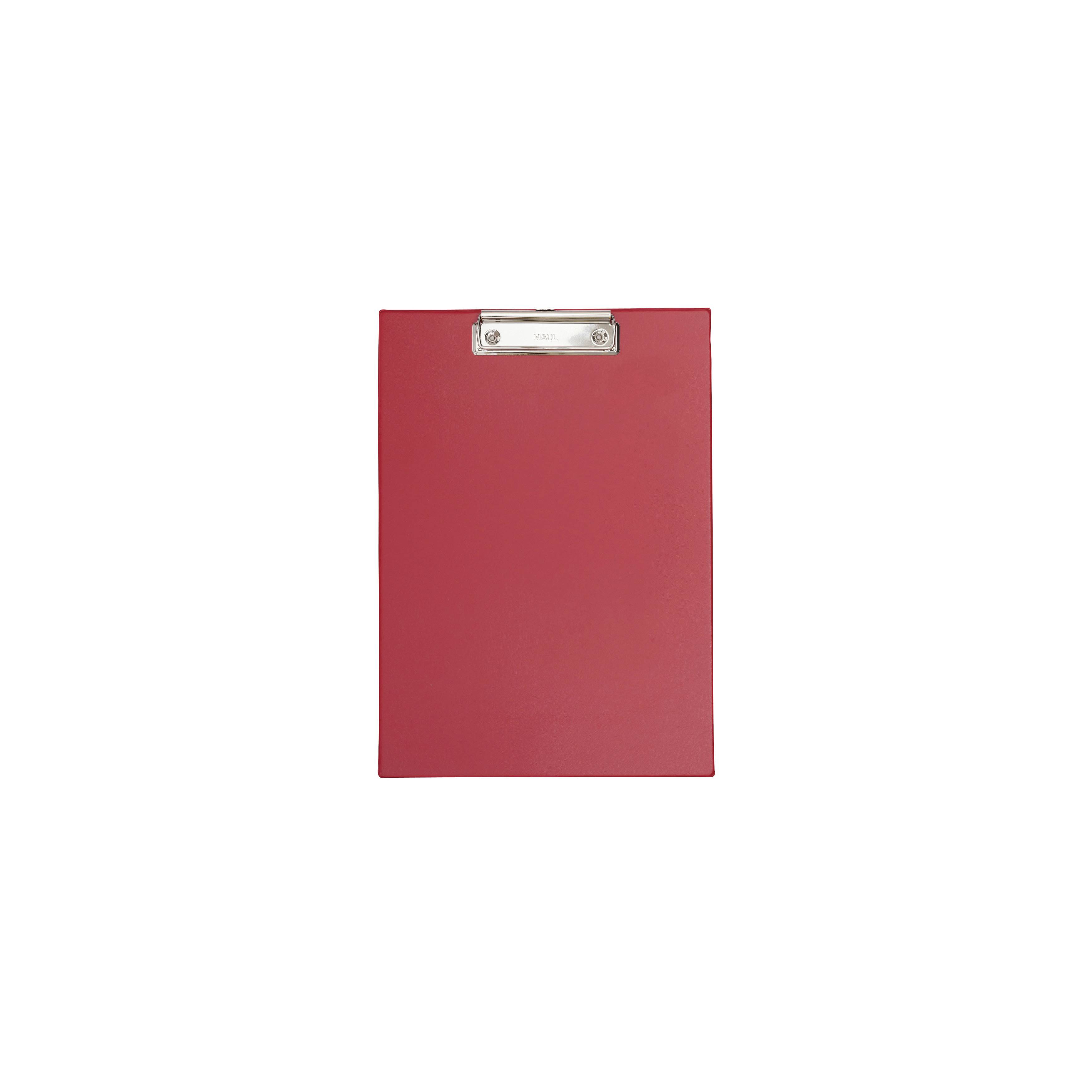 A red clipboard with a metallic clip, shown against a plain white background.