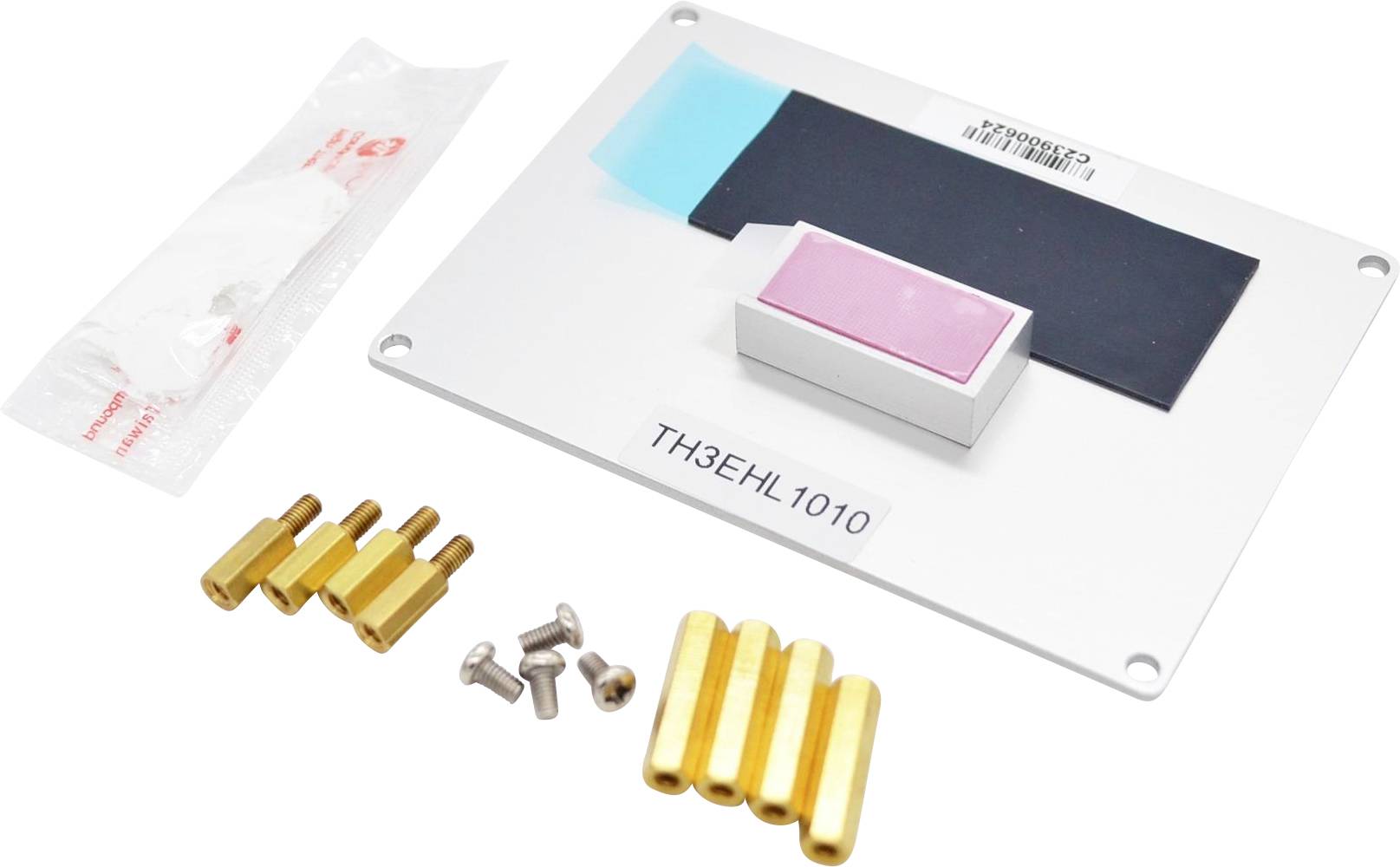 Kit de refroidissement thermique avec plaque de montage, coussinets thermiques, boulons, espaceurs de couleur dorée et manuel d'instructions, utilisé pour l'assemblage d'appareils électroniques.