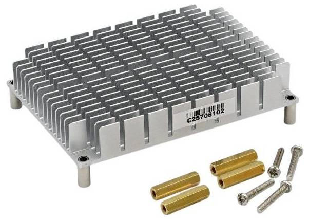 A metal heat sink with parallel fins and a barcode, alongside gold and silver screws and standoffs, for electronic component cooling.