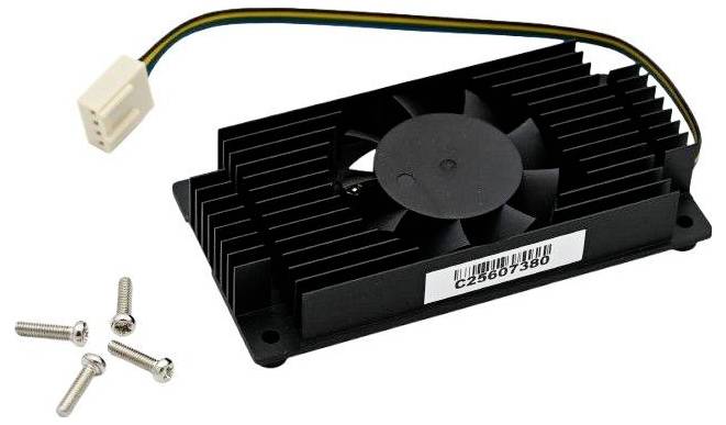 A flat black computer fan with a label, connector, and four screws beside it, likely intended for cooling a computer component.
