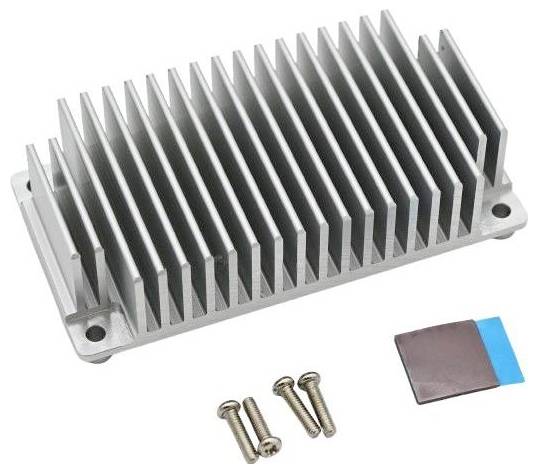 Aluminum heatsink with vertical fins, accompanied by two screws and a thermal pad for electronic component cooling.