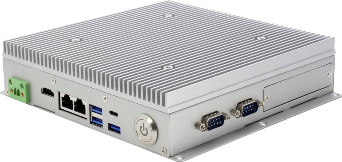 Ordinateur industriel compact avec boîtier métallique nervuré, bouton d'alimentation orienté vers l'avant, plusieurs ports USB, connexions Ethernet et ports série.