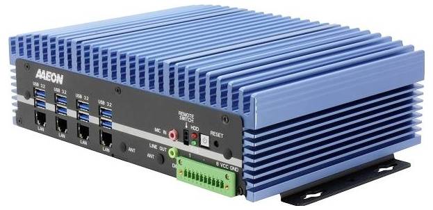 A blue industrial computer with multiple USB and LAN ports, microphone and headphone jacks, and a green connector for power input.