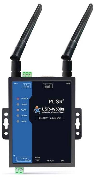 A wireless industrial device with two antennas, model 'PUSR USR-W630s.' Features include WLAN, RS485, and RS232 connectivity.