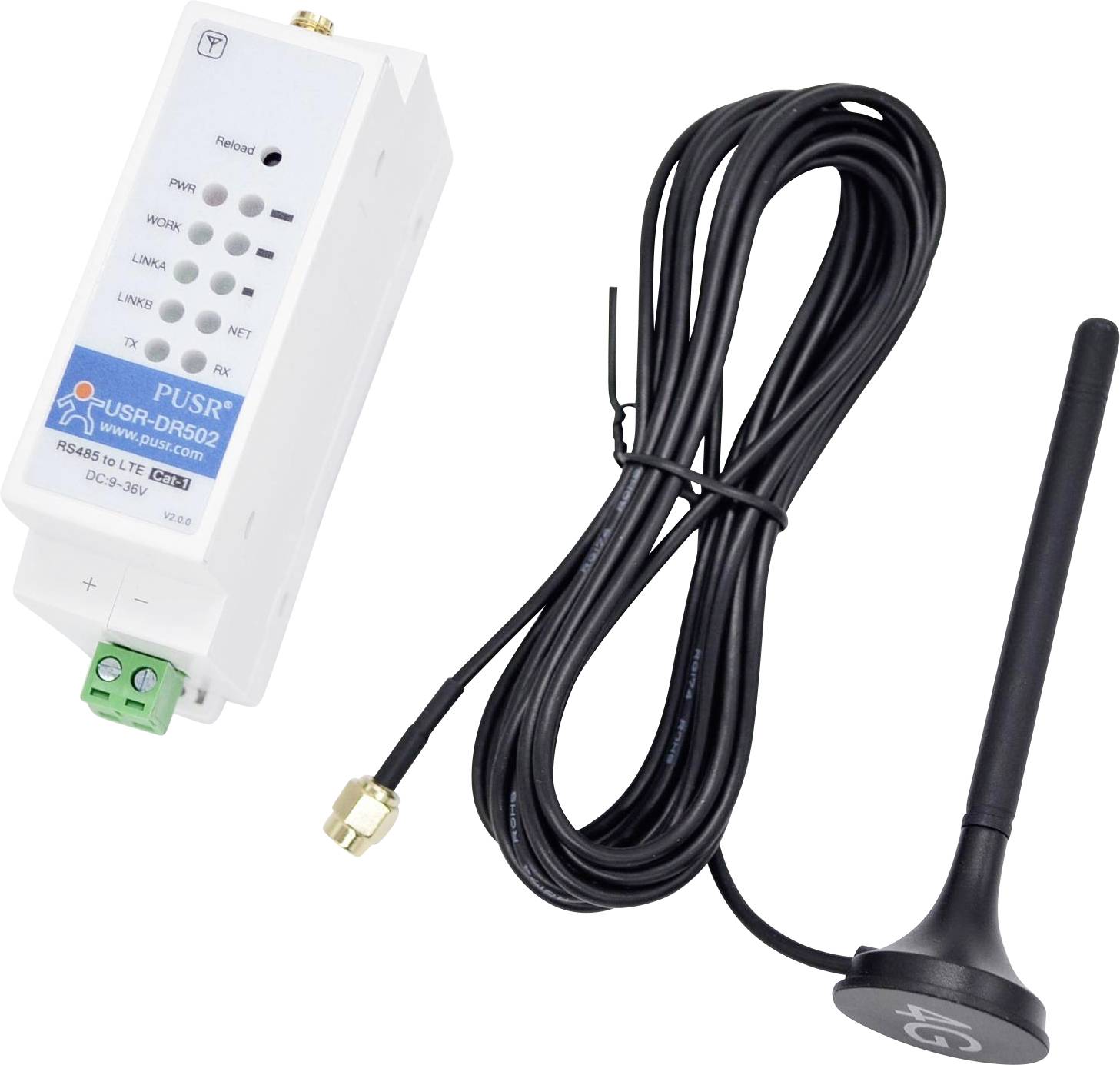 Un modem cellulaire blanc monté sur rail DIN avec câble et antenne, modèle « USRJ-DS502 » étiqueté, utilisé pour la communication sans fil dans les environnements industriels.
