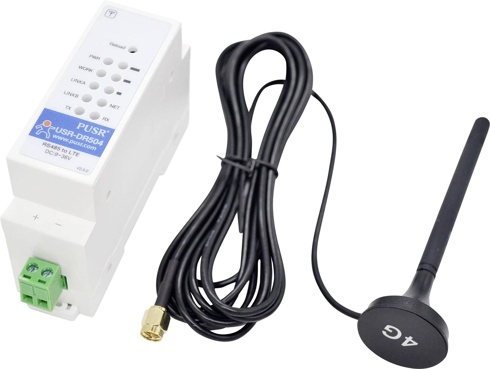 Un appareil PUSR avec un emplacement SIM, des voyants indicateurs et un bloc de bornes vert, accompagné d'une antenne 4G détachable avec un câble.