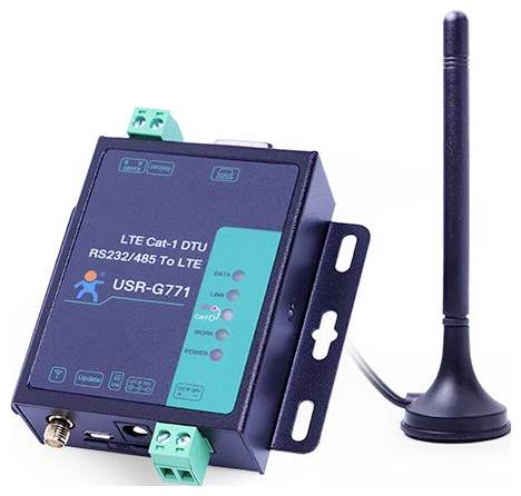 A black LTE Cat-1 DTU device, model USR-G771, used for RS232/485 to LTE data transmission, shown with an external antenna.